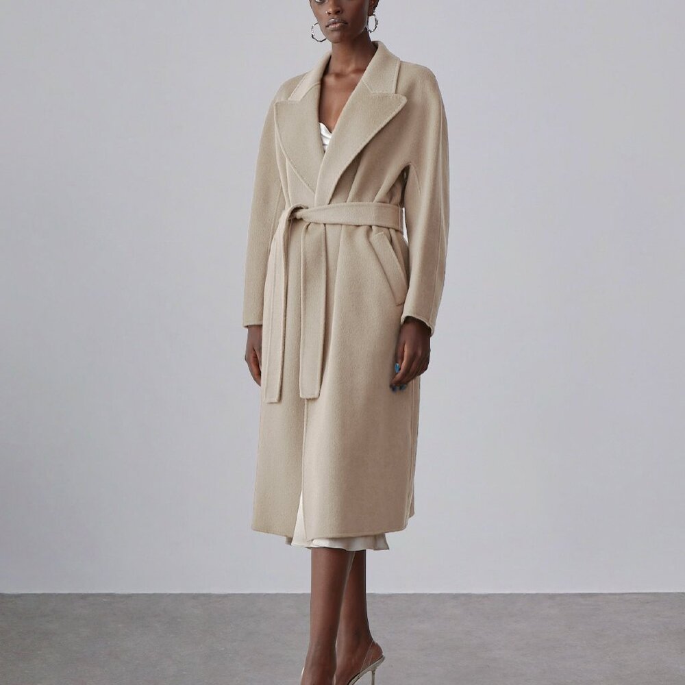 Silk Maison Emery Tailored Draped Belted Wool Coat BEIGE